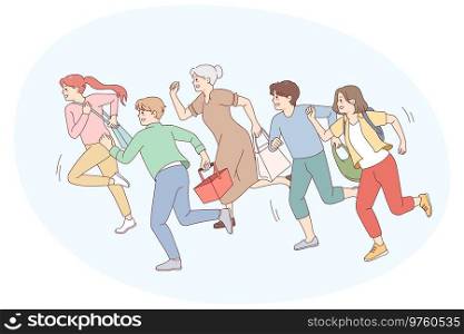 People running go shopping on sales. Excited shopaholics rush hurry for discounts or promotion. Vector illustration.. People run go shopping on sales