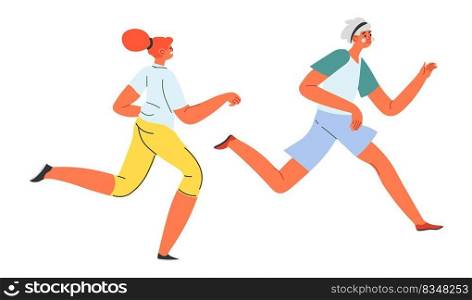 People running in morning, exercising and working out, healthy lifestyle and wellness. Isolated female characters with sporty bodies, losing weight and improving health. Vector in flat style. Female characters jogging and running morning