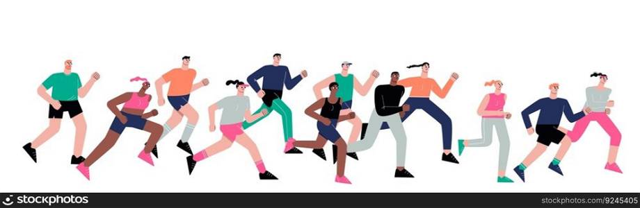 People running marathon. Runner race, isolated jogging international crowd. Creative run challenge, athletic lifestyle sapid vector characters of marathon people, sport race illustration. People running marathon. Runner race, isolated jogging international crowd. Creative run challenge, athletic lifestyle sapid vector characters
