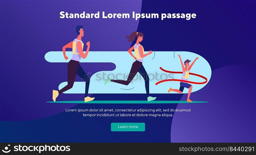 People running marathon. Runners, competitors, crossing finish line flat vector illustration. Competition, sport, race concept for banner, website design or landing web page