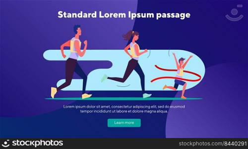 People running marathon. Runners, competitors, crossing finish line flat vector illustration. Competition, sport, race concept for banner, website design or landing web page