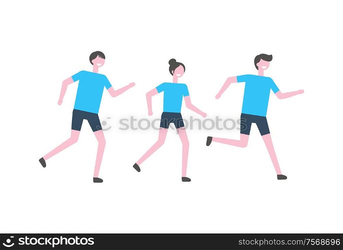 People running marathon vector athletes isolated. Man and women joggers in sportive outfit, sportswear of adult male and female, racing sportsman on competition. People Running Marathon Vector Athletes Isolated