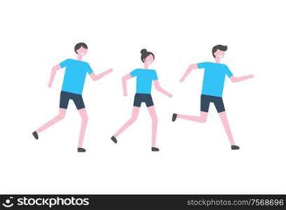 People running marathon vector athletes isolated. Man and women joggers in sportive outfit, sportswear of adult male and female, racing sportsman on competition. People Running Marathon Vector Athletes Isolated