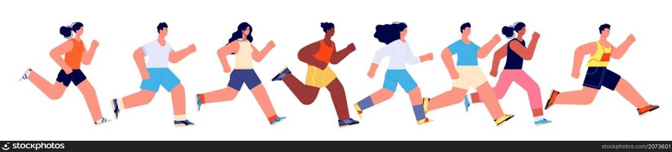 People running marathon. Woman jogging summer, sport athletes or runner. Flat athletic men women, isolated active race utter vector characters. Illustration marathon runner, jogging motion. People running marathon. Woman jogging summer, sport athletes or runner. Flat athletic men women, isolated active race utter vector characters