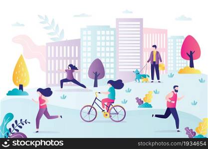 People running outdoor. Female character rides bicycle. Woman practice yoga outdoors. Handsome man walking dogs in park. City view on background. Concept of healthy lifestyle. Flat vector illustration. People running outdoor. Female character rides bicycle. Woman practice yoga outdoors. Handsome man walking dogs in park