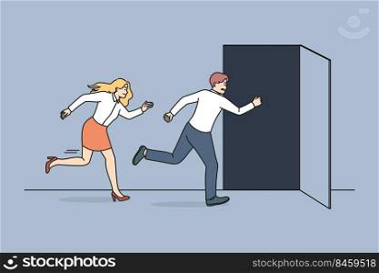 People running to open door being late in office. Businesspeople or employee hurry leaving workplace on Friday. Vector illustration.. People running to open office doors