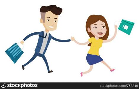 People rushing on sale to the shop. Cheerful woman and man running in hurry to store on sale. Young caucasian customers rushing on sale. Vector flat design illustration isolated on white background.. People running in hurry to the store on sale.