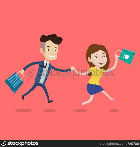 People rushing to shopping. Cheerful woman and man running in hurry to the store on sale. Young caucasian customers rushing to promotion and discount. Vector flat design illustration. Square layout.. People running in hurry to the store on sale.