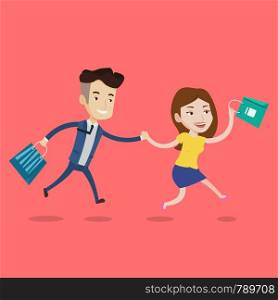 People rushing to shopping. Cheerful woman and man running in hurry to the store on sale. Young caucasian customers rushing to promotion and discount. Vector flat design illustration. Square layout.. People running in hurry to the store on sale.