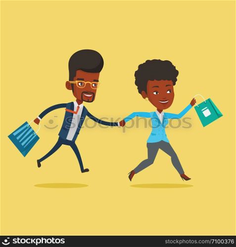 People rushing to shopping. Woman and man running in hurry to the store on sale. Young african-american customers rushing to promotion and discount. Vector flat design illustration. Square layout.. People running in hurry to the store on sale.