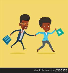 People rushing to shopping. Woman and man running in hurry to the store on sale. Young african-american customers rushing to promotion and discount. Vector flat design illustration. Square layout.. People running in hurry to the store on sale.