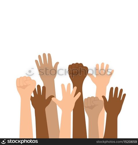 People's hand raised up isolated on white background