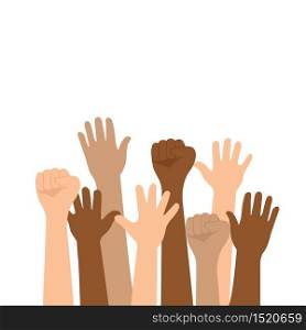 People's hand raised up isolated on white background