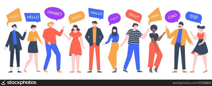 People say hi. Group of multiethnic men and women speaking, multicultural characters say hello. Unity of asian, african and european humans. Different language greeting learn vector illustration. People say hi. Group of multiethnic men and women speaking, multicultural characters say hello. Unity of asian, african and european humans vector illustration