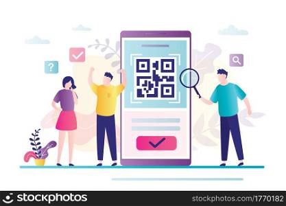 People scanning qr code for payment via smartphone. Group of businesspeople scan code using mobile phone. Smart technology for internet and mobile payments. Characters in trendy style. Flat Vector. People scanning qr code for payment via smartphone. Smart technology for internet and mobile payments.