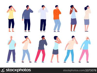 People screaming. Shouting persons, man woman covering mouth and ears. Adults call, thrilled shy or lost cartoon utter vector characters. Man shout, people scream aggressive, yell and shouting. People screaming. Shouting persons, man woman covering mouth and ears. Adults call, thrilled shy or lost cartoon utter vector characters