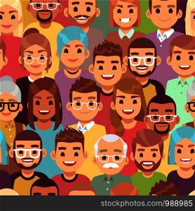 People seamless pattern. Multi ethnic men and women. African, european and asian humans, multicultural crowd, happy groups vector texture. People seamless pattern. Multi ethnic men and women. African, european and asian humans, multicultural crowd, vector texture