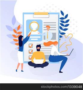 People Search Candidate and Analyze Online Profile. Job Recruitment on Internet. HR Agents Using Laptop, Examining Huge Resume on Clipboard with Magnifying Glass. Vector Metaphor Flat Illustration. People Search Candidate and Analyze Online Profile