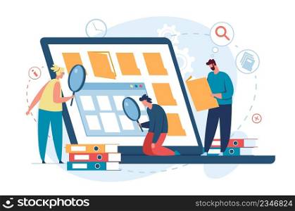 People searching files, organizing digital database, file archive. Characters finding information, document organization vector concept. Man and woman doing research with magnifying glass. People searching files, organizing digital database, file archive. Characters finding information, document organization vector concept