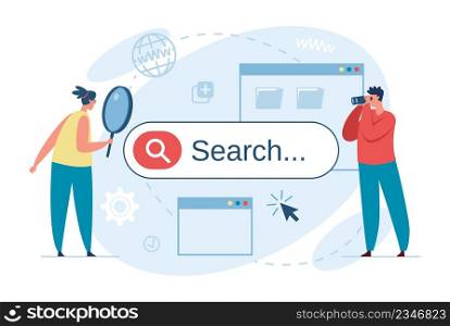 People searching on internet, characters using search bar. Man with binoculars look for answer, business research, seo vector concept. Woman holding magnifying glass and doing analysis. People searching on internet, characters using search bar. Man with binoculars look for answer, business research, seo vector concept