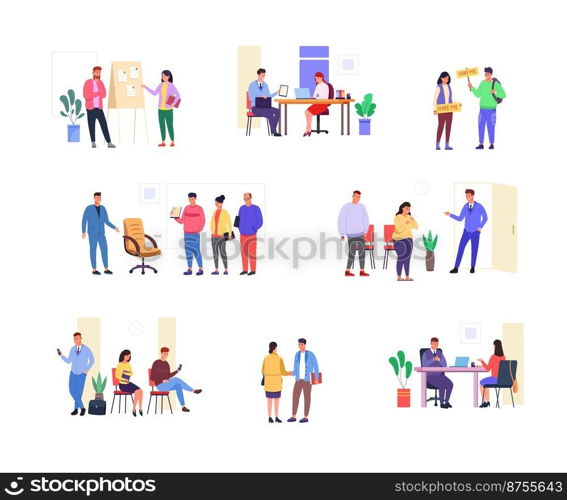 People seeking employment. Ceo with job seeker talking professional hr interview, recruitment hiring process employee conversation hunting office recruiter queue, vector illustraton of employment job. People seeking employment. Ceo with job seeker talking professional hr interview, recruitment hiring process employee conversation hunting office sit recruiter queue, garish vector