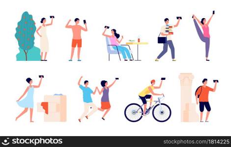 People selfie characters. Cartoon young male, millennials taking phone photo. Flat students teen adult smartphones utter vector set. Illustration smartphone selfie person, couple photo at camera. People selfie characters. Cartoon young male, millennials taking phone photo. Flat students teen adult holding smartphones utter vector set