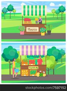People selling on market vector, set of salesperson with products, vegetables and flower business. Person with watermelons and apples, carrot and fruits. Vegetables and Flower Shop at Outdoor Market Set