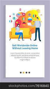 People selling online from home vector, lady sitting on couch using laptop, flags of countries, italy and france germany and switzerland. Website or app slider template, landing page flat style. Sell Worldwide Using Internet, Freelancers Web