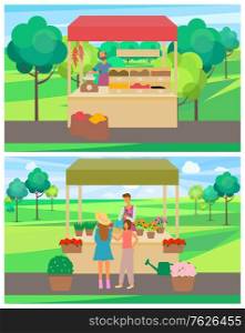 People selling products at summer or spring fair vector, turmeric or paprika powder spices. Flowers and houseplants store with watering can in park. Flat cartoon. Asian Spices Seller, Flower Market Spring Fair Set