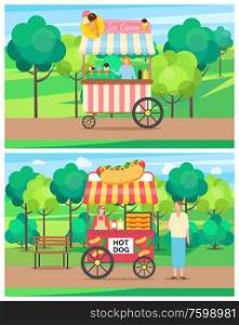 People selling snacks and food in park vector, seller of ice cream summer dessert, male with hot dogs delicious bun and fresh vegetables and sauces. Ice Cream and Hot Dog Kiosk in Park Forest Vector