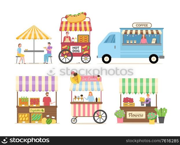 People selling street food and beverage vector, vegetables market with tent, coffee shop and hot dog meal with place for customers to sit and eat, food court. Hot Dog and Coffee Shop Sellers with Products