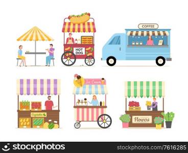 People selling street food and beverage vector, vegetables market with tent, coffee shop and hot dog meal with place for customers to sit and eat, food court. Hot Dog and Coffee Shop Sellers with Products
