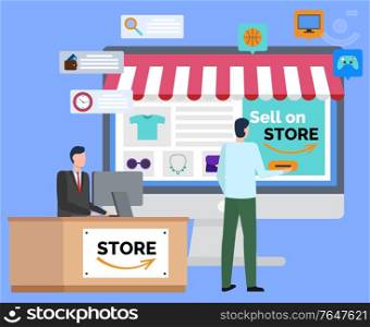 People selling stuff online vector, marketplace for wholesale flat style character. Man with computer, person at work, worker looking at website with clothes shirts and accessory. Business worldwide. Online Store to Sell, Marketplace for Trade Vector