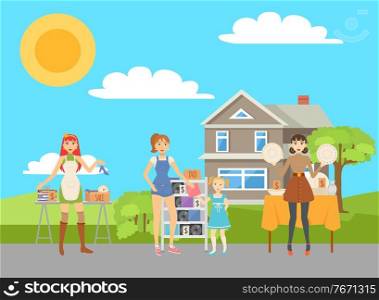 People selling used items, DVDs, books, alarm clock and dishes in cartoon boxes house with yard on background concept. Flea market concept vector illustration. People Sell Used Items Garage Sale Concept Vector