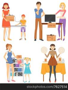 People selling used thing sat garage sale. Unnecessary things. TV , DVD discs, household and sport items, dishes lying on table. Flea market vector illustration. Event for sale used goods. People Selling Used Items at Garage Sale Vector
