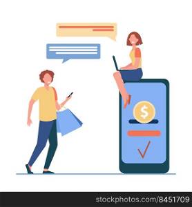 People sending and receiving money online. Man and woman using gadgets for transactions flat vector illustration. Payment system, mobile banking concept for banner, website design or landing web page