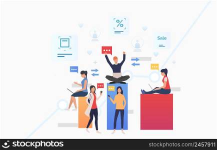People sending messages using gadgets and celebrating success. Network, information sharing, gadget concept. Vector illustration can be used for topics like business, technology, communication. People sending messages using gadgets and celebrating success