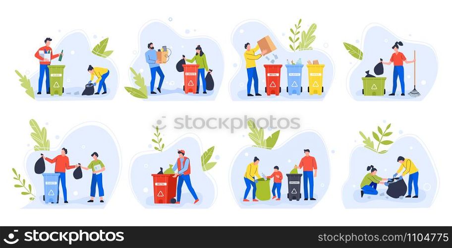 People separating garbage. Environment day recycle garbage, family with children sort and separate trash to reduce environmental pollution vector illustration set. Waste sorting idea. People separating garbage. Environment day recycle garbage, family with children sort and separate trash to reduce environmental pollution vector illustration set. Eco activists with rubbish bins