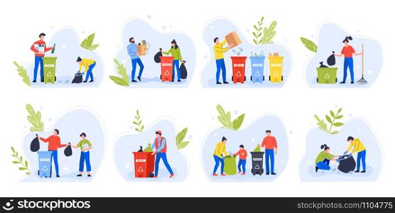 People separating garbage. Environment day recycle garbage, family with children sort and separate trash to reduce environmental pollution vector illustration set. Waste sorting idea. People separating garbage. Environment day recycle garbage, family with children sort and separate trash to reduce environmental pollution vector illustration set. Eco activists with rubbish bins