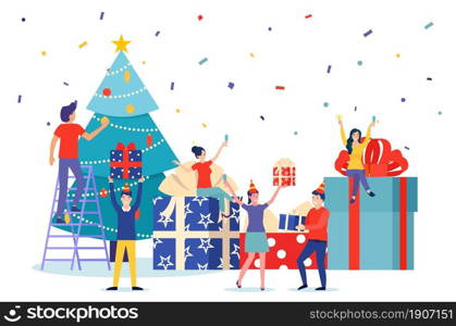 People set christmas tree decoration and give present to each other. celebrate new year. use for, landing page, template, ui, web, homepage, poster, banner, flyer. Vector illustration in flat style. People set christmas tree decoration