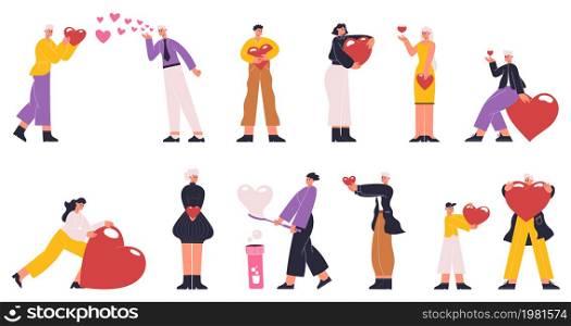 People share love, donating, care, valentines day concept. Characters carrying hearts, love massages or philanthropy vector illustration. People giving and sharing love. Charity and care love and help. People share love, donating, care, valentines day concept. Characters carrying hearts, love massages or philanthropy vector illustration set. People giving and sharing love