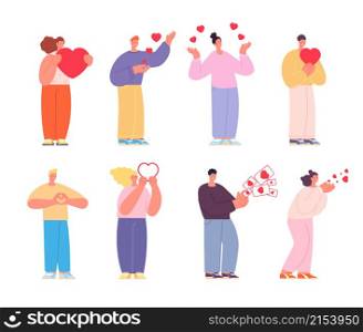 People sharing love. Lovely friends, person hold in hand hearts. Friendly man woman, support or charity community utter vector characters. Illustration share heart valentine and love. People sharing love. Lovely friends, person hold in hand hearts. Friendly man woman, support or charity community utter vector characters