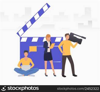 People shooting reportage and man viewing it on laptop vector. News making, online news, television. Broadcasting concept. Creative design for layouts, web pages, banners