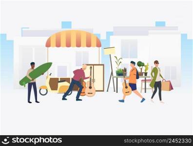 People shopping and walking outdoors. Buying, street, retail, marketplace concept. Vector illustration can be used for topics like business, shopping, flea market. People shopping and walking outdoors