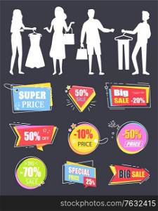 People shopping at store vector, silhouette of man and woman with bags. Super sale best choice, premium quality products. Discounts and offers banners. Business sale stikers for Black friday. Super Sale, Mega Discount People Shopping Bag