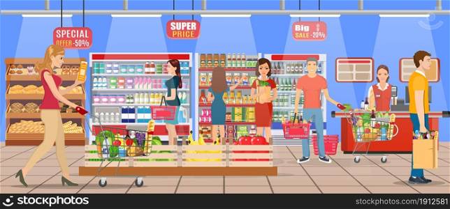 People shopping at supermarket and buying products, freezer, shelves and checkout operator at work, grocery and consumerism concept. Vector illustration in flat style. People shopping at supermarket