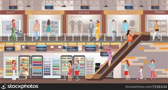 People shopping at the shopping mall with modern retail store and supermarket. Shopping interior center building design commercial vector illustration.