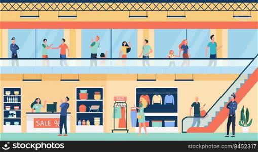 People shopping in city mall flat vector illustration. Cartoon buyers walking inside commercial building or store. Supermarket interior, retail and urban lifestyle concept