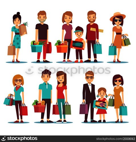 People shopping in mall vector cartoon characters set. Family with children and shopping bags. Illustration of woman in shopping. People shopping in mall vector cartoon characters set