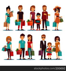 People shopping in mall vector cartoon characters set. Family with children and shopping bags. Illustration of woman in shopping. People shopping in mall vector cartoon characters set